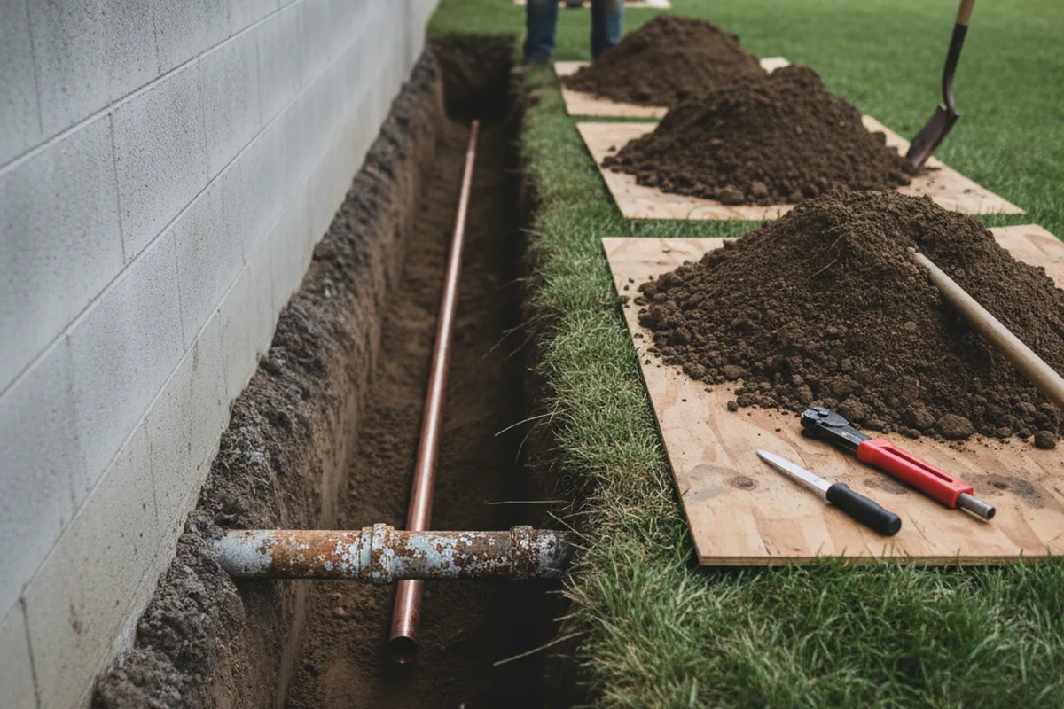 Excavated water line trench during Sewer Line Repair in Marissa